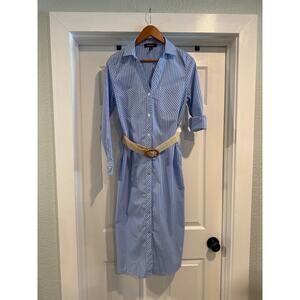 Ellen Tracy Blue Striped Collared Belted Shirt Dress Size S